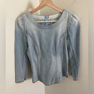 Pilcro and the letterpress Anthropologie light blue denim fitted top